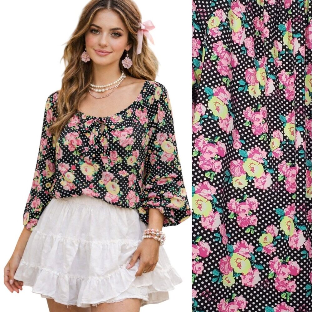Y2K‎ Betsey Johnson Coquette Floral Polka Dot Blouse Black Pink Romantic Size L